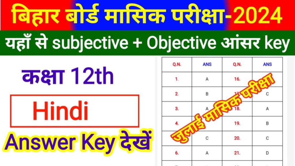 Bihar Board 12th Hindi July Monthly Exam Answer Key 2024